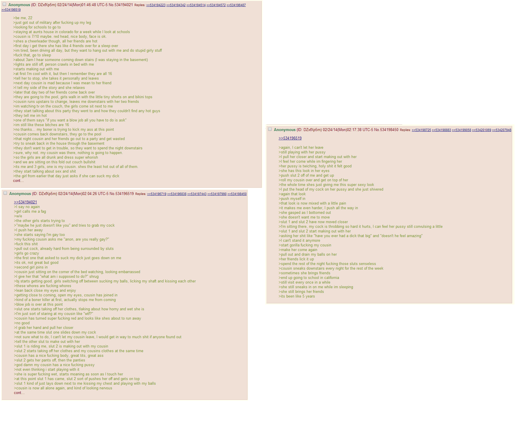 Anon stays at his Aunt's house after leaving the military. Anon's cousin and her friends are thirsty