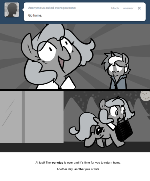 > Go home.
At last! The workday is over and it’s time for you to return home.
Another day, another pile of bits.