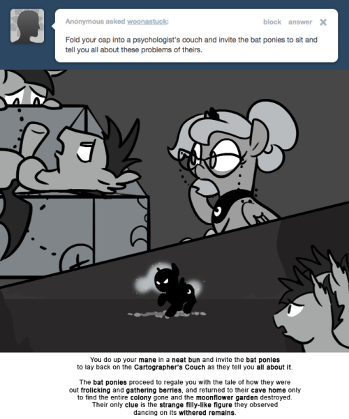 You do up your mane in a neat bun and invite the bat ponies to lay back on the Cartographer’s Couch as they tell you all about it.
The bat ponies proceed to regale you with the tale of how they were out frolicking and gathering berries, and returned...