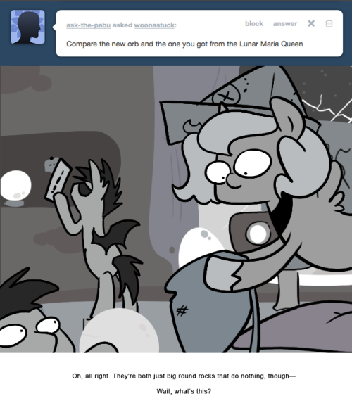 > Compare the new orb and the one you got from the Lunar Maria Queen
Oh, all right. They’re both just big round rocks that do nothing, though—
Wait, what’s this?