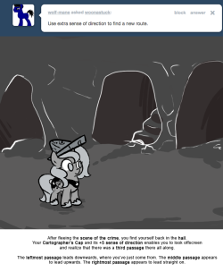 After fleeing the scene of the crime, you find yourself back in the hall. Your Cartographer’s Cap and its +5 sense of direction enables you to look offscreen and realize that there was a third passage there all along.
The leftmost passage leads...