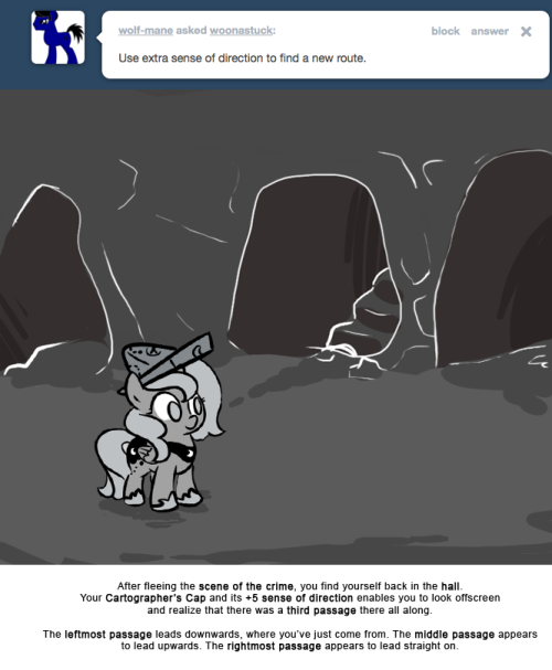 After fleeing the scene of the crime, you find yourself back in the hall. Your Cartographer’s Cap and its +5 sense of direction enables you to look offscreen and realize that there was a third passage there all along.
The leftmost passage leads...