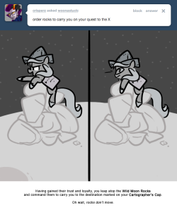 Having gained their trust and loyalty, you leap atop the Wild Moon Rocks and command them to carry you to the destination marked on your Cartographer’s Cap.
Oh wait, rocks don’t move.