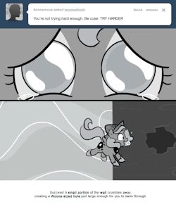 Success! A small portion of the wall crumbles away, creating a Woona-sized hole just large enough for you to swim through.