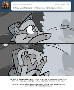 You left your Wild Moon Pebble back on the surface, but luckily there’s one just sitting there in the moon sand, waiting to be flung violently at the source of that noise!
You never realized before, but your skull makes a funny ‘bonk’ sound whenever...