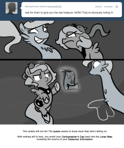 This simply will not do! The queen seems to know more than she’s letting on.
With nothing left to lose, you unroll your Cartographer’s Cap back into the Lunar Map, revealing the source of your treasurey information.