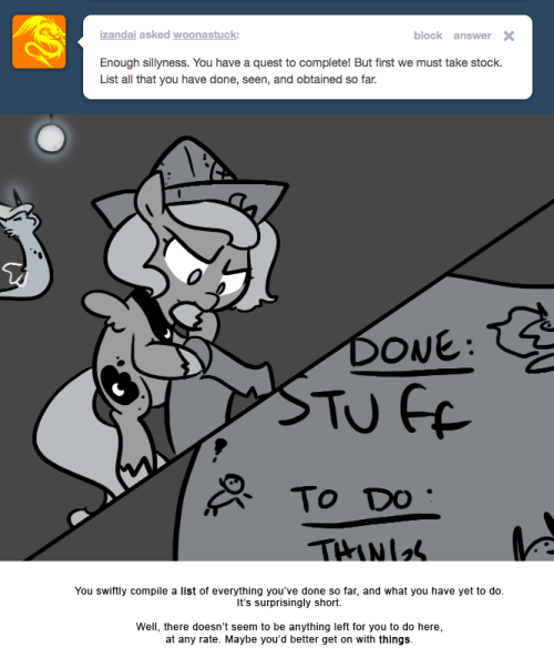 You swiftly compile a list of everything you’ve done so far, and what you have yet to do.
It’s surprisingly short.
Well, there doesn’t seem to be anything left for you to do here, at any rate. Maybe you’d better get on with things.