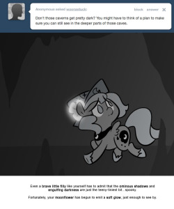 Even a brave little filly like yourself has to admit that the ominous shadows and engulfing darkness are just the teeny-tiniest bit…spooky.
Fortunately, your moonflower has begun to emit a soft glow, just enough to see by.