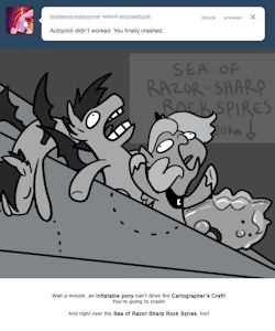 Wait a minute, an inflatable pony can’t drive the Cartographer’s Craft!
You’re going to crash!
And right over the Sea of Razor-Sharp Rock Spires, too!