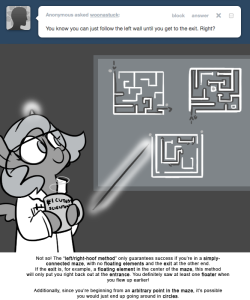 > You know you can just follow the left wall until you get to the exit. Right?
Not so! The “left/right-hoof method” only guarantees success if you’re in a simply- connected maze, with no floating elements and the exit at the other end.
If the exit...