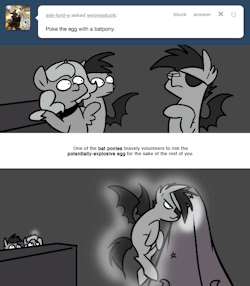 > Poke the egg with a batpony.
One of the bat ponies bravely volunteers to risk the potentially-explosive egg for the sake of the rest of you.