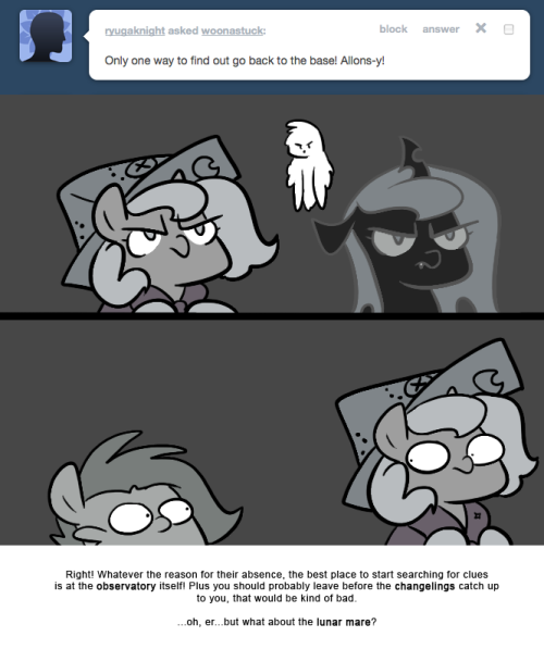 > Only one way to find out go back to the base! Allons-y!
Right! Whatever the reason for their absence, the best place to start searching for clues is at the observatory itself! Plus you should probably leave before the changelings catch up to you,...