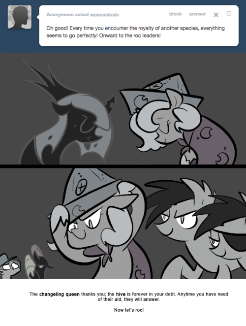 > Oh good! Every time you encounter the royalty of another species, everything seems to go perfectly! Onward to the roc leaders!
The changeling queen thanks you; the hive is forever in your debt. Anytime you have need of their aid, they will...