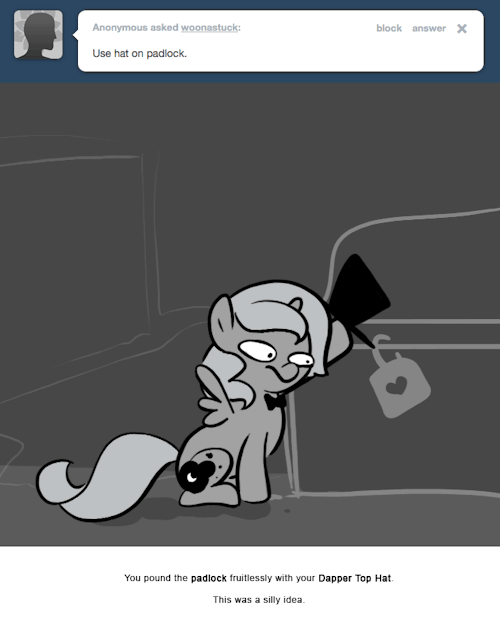 You pound the padlock fruitlessly with your Dapper Top Hat.
This was a silly idea.