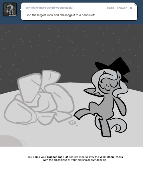 You equip your Dapper Top Hat and proceed to wow the Wild Moon Rocks with the classiness of your marshmallowy dancing.