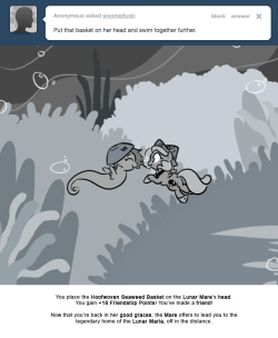 You place the Hoofwoven Seaweed Basket on the Lunar Mare’s head. You gain +18 Friendship Points! You’ve made a friend!
Now that you’re back in her good graces, the Mare offers to lead you to the legendary home of the Lunar Maria, off in the distance.