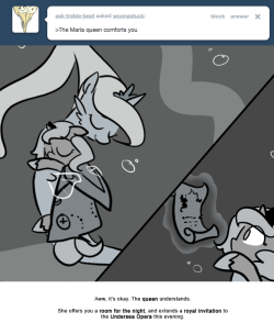 Aww, it’s okay. The queen understands.
She offers you a room for the night, and extends a royal invitation to the Undersea Opera this evening.