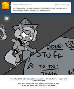 You swiftly compile a list of everything you’ve done so far, and what you have yet to do.
It’s surprisingly short.
Well, there doesn’t seem to be anything left for you to do here, at any rate. Maybe you’d better get on with things.