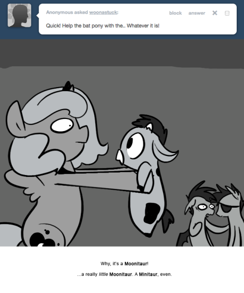 > Quick! Help the bat pony with the.. Whatever it is!
Why, it’s a Moonitaur!
…a really little Moonitaur. A Minitaur, even.