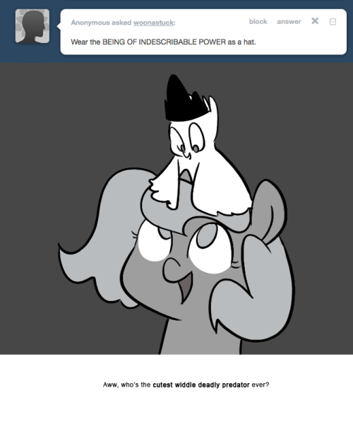 > Wear the BEING OF INDESCRIBABLE POWER as a hat.
Aww, who’s the cutest widdle deadly predator ever?