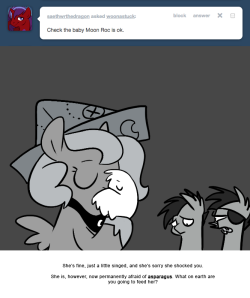 > Check if the baby Moon Roc is ok.
She’s fine, just a little singed, and she’s sorry she shocked you.
She is, however, now permanently afraid of asparagus. What on earth are you going to feed her?