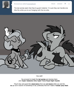 > The bat ponies seem like they’re guard material. I’m sure they can handle one little filly while you’re out foraging with the roc-ette.
Very well!
You proceed to knight the bat ponies and declare them your Super Awesome Ultra Hyper Force Royal...