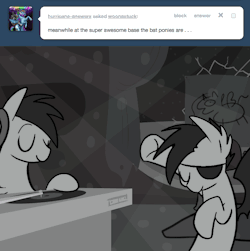 > meanwhile at the super awesome base the bat ponies are …