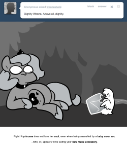 > Dignity Woona. Above all, dignity.
Right! A princess does not lose her cool, even when being assaulted by a baby moon roc.
..who, er, appears to be eating your new mane accessory.