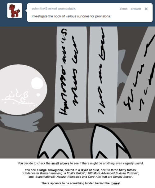 You decide to check the small alcove to see if there might be anything even vaguely useful.
You see a large snowglobe, coated in a layer of dust, next to three hefty tomes:
‘Underwater Basket-Weaving: a Foal’s Guide’; ‘300 More Advanced Sudoku...