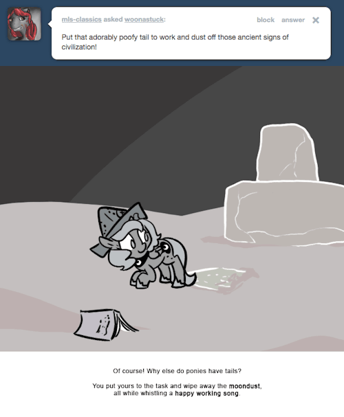 Of course! Why else do ponies have tails?
You put yours to the task and wipe away the moondust, all while whistling a happy working song.