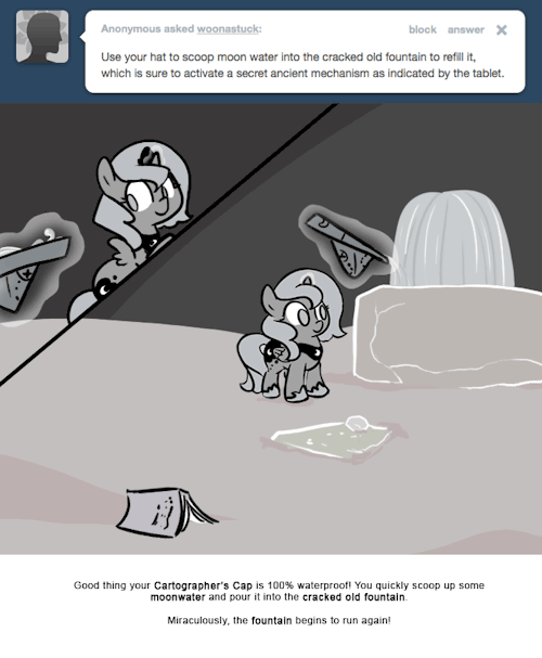 Good thing your Cartographer’s Cap is 100% waterproof! You quickly scoop up some moonwater and pour it into the cracked old fountain.
Miraculously, the fountain begins to run again!