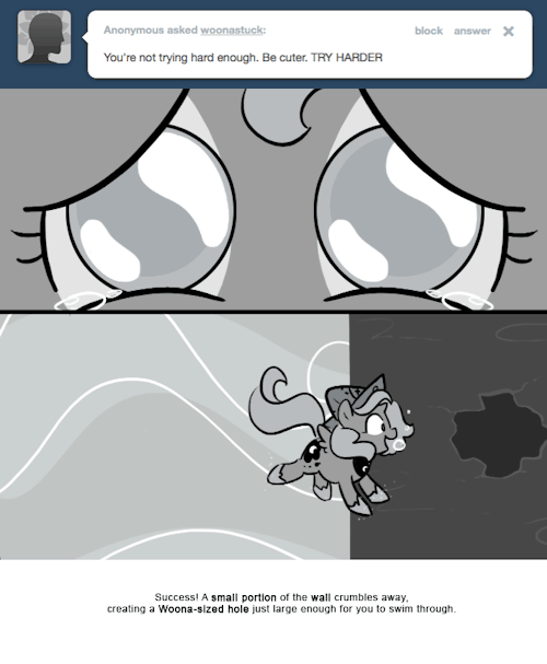 Success! A small portion of the wall crumbles away, creating a Woona-sized hole just large enough for you to swim through.