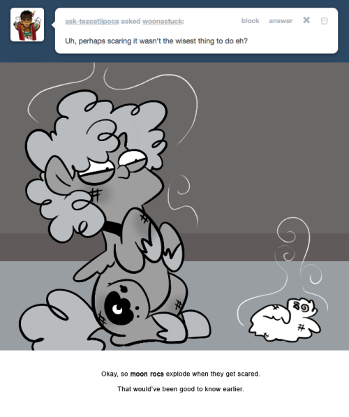 > Uh, perhaps scaring it wasn’t the wisest thing to do eh?
Okay, so moon rocs explode when they get scared.
That would’ve been good to know earlier.