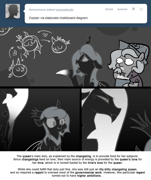 > Explain via elaborate chalkboard diagram.
The queen’s main duty, as explained by the changeling, is to provide food for her subjects.
Since changelings feed on love, their main source of energy is provided by the queen’s love for her hive, which is...
