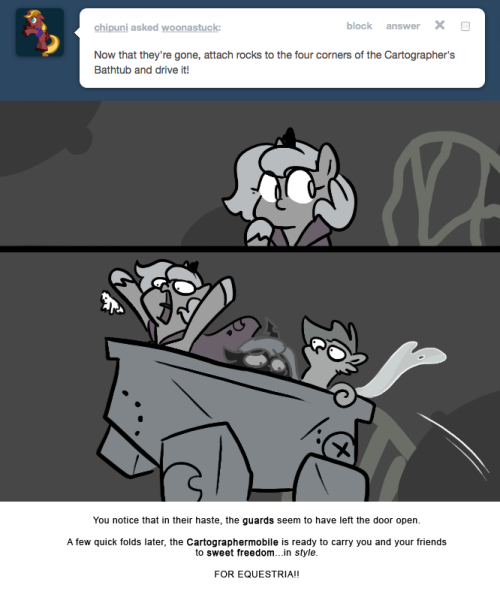 > Now that they’re gone, attach rocks to the four corners of the Cartographer’s Bathrub and drive it!
You notice that in their haste, the guards seem to have left the door open.
A few quick folds later, the Cartographermobile is ready to carry you...