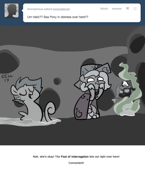 > Um hello?? Sea Pony in distress over here??
Nah, she’s okay! The Pool of Interrogation lets out right over here!
Convenient!