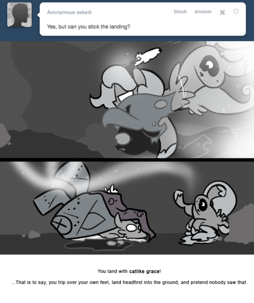 > Yes, but can you stick the landing?
You land with catlike grace!
…That is to say, you trip over your own feet, land headfirst into the ground, and pretend nobody saw that.