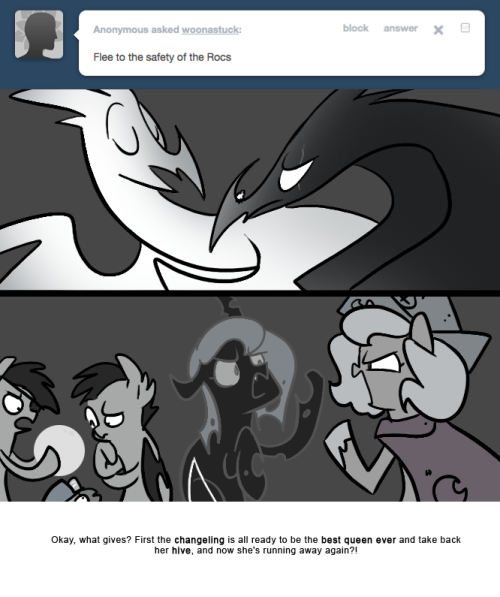 > Flee to the safety of the Rocs
Okay, what gives? First the changeling is all ready to be the best queen ever and take back her hive, and now she’s running away again?!